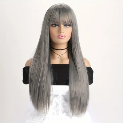 Long Straight Wig with Bangs Grey Long Straight Wig with Bangs Grey