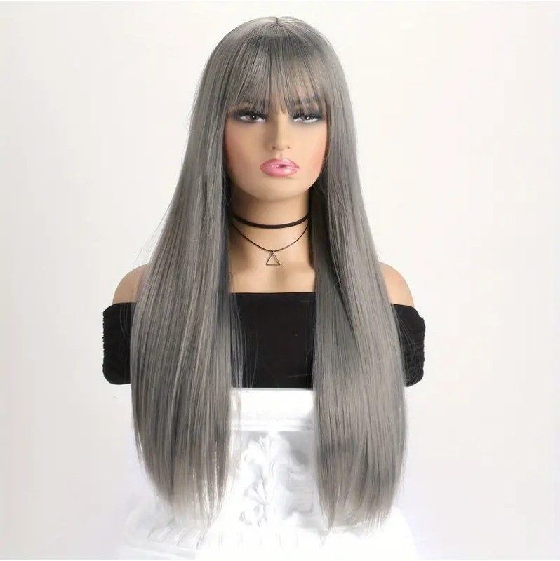 Long Straight Wig with Bangs Grey