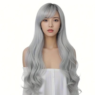 Long Wavy Wig with Bangs Grey Long Wavy Wig with Bangs Grey