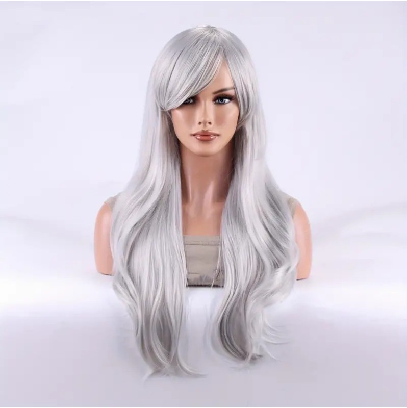 Long Wavy Wig with Bangs Grey