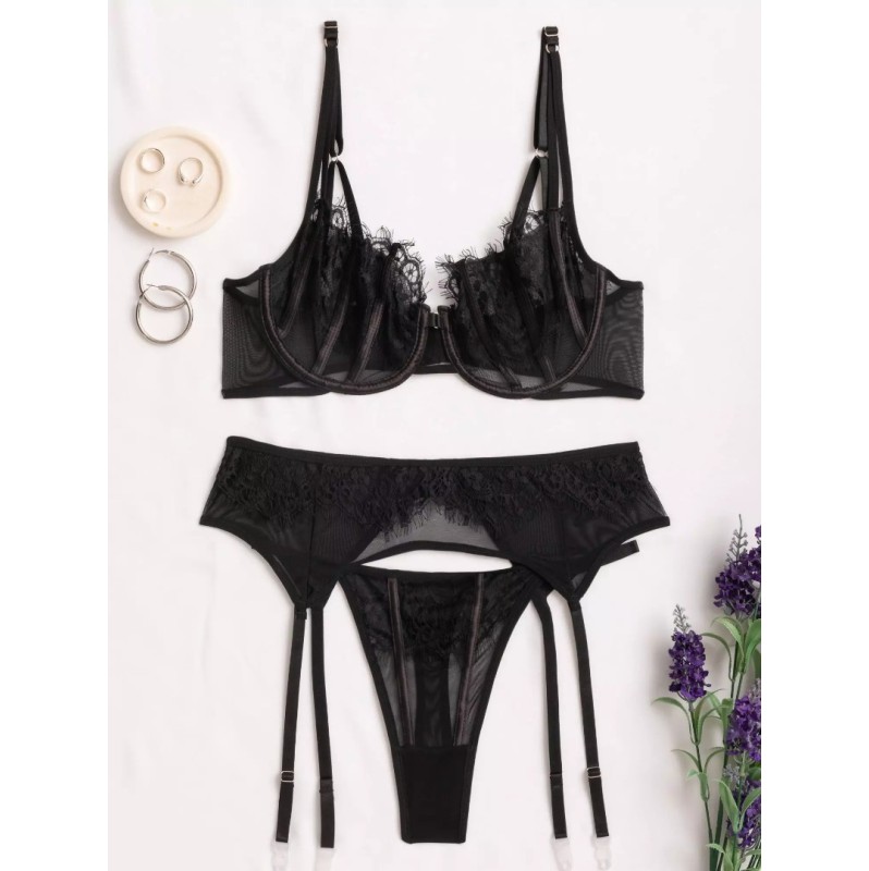 3 Piece Set Modern Ocean with Suspender Belt & Leg Straps Black