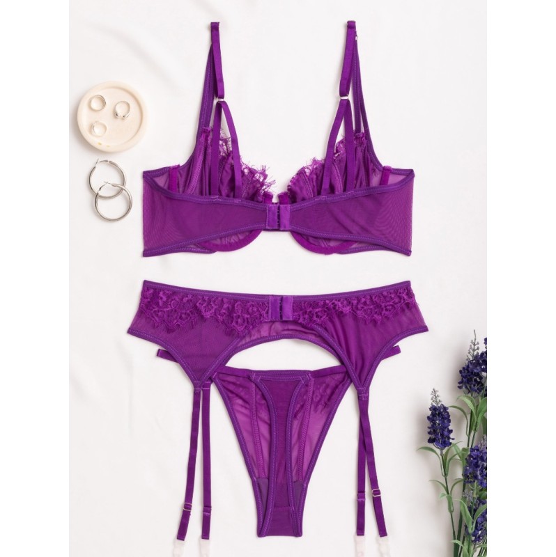 3 Piece Set Modern Ocean with Suspender Belt & Leg Straps Purple