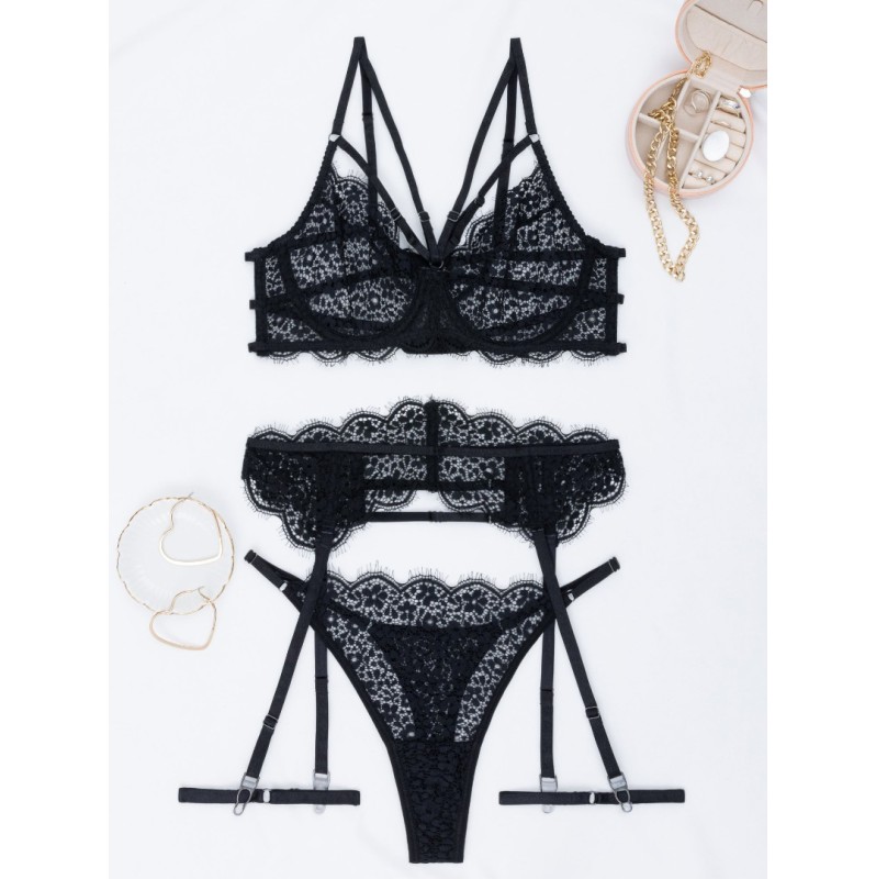 Linda Set with Suspender Belt Modern Ocean Black