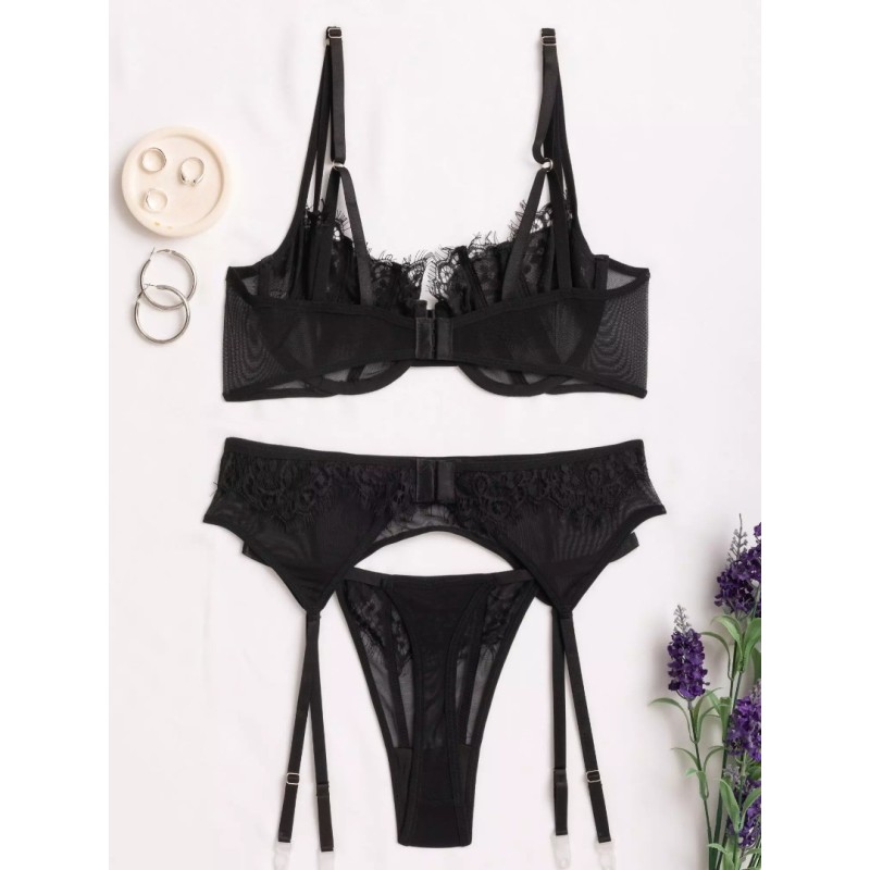 Modern Ocean 3 Piece Set Modern Ocean with Suspender Belt & Leg Straps Black Underwear Set
