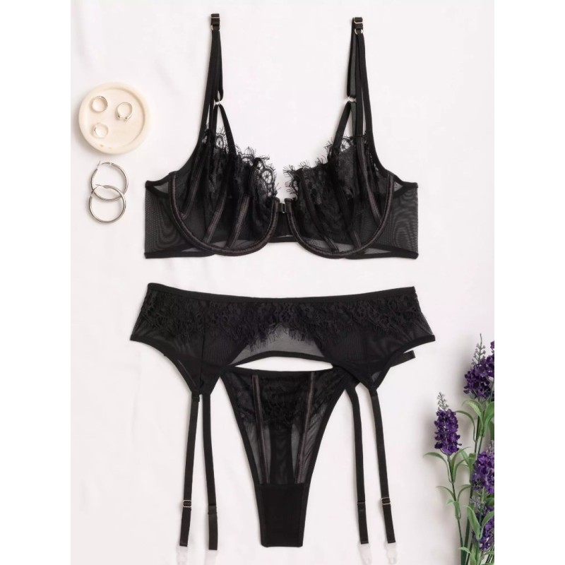 Modern Ocean 3 Piece Set Modern Ocean with Suspender Belt & Leg Straps Black Underwear Set