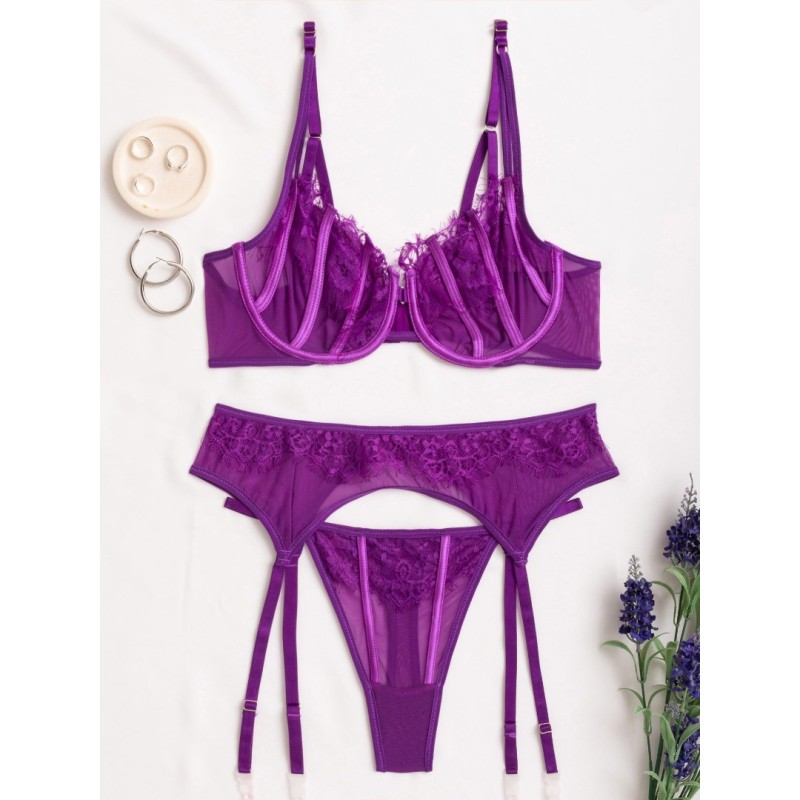3 Piece Set Modern Ocean with Suspender Belt & Leg Straps Purple 3 Piece Set Modern Ocean with Suspender Belt & Leg Straps Purple