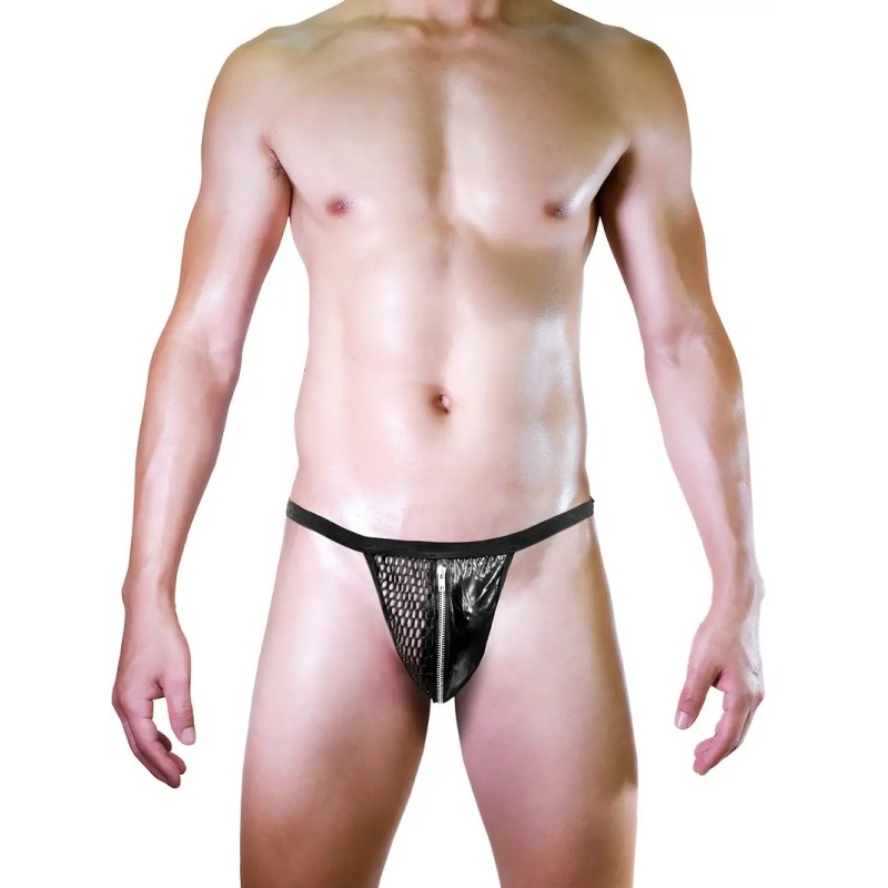 Love Market Mens Faux Leather String with Zipper Black Strings