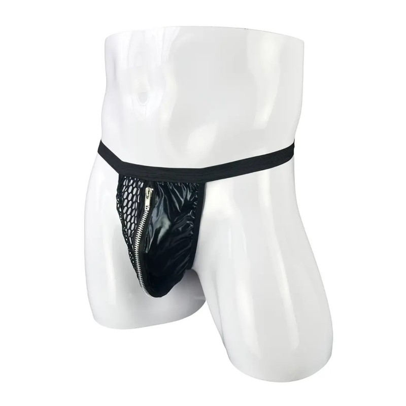 Love Market Mens Faux Leather String with Zipper Black Strings