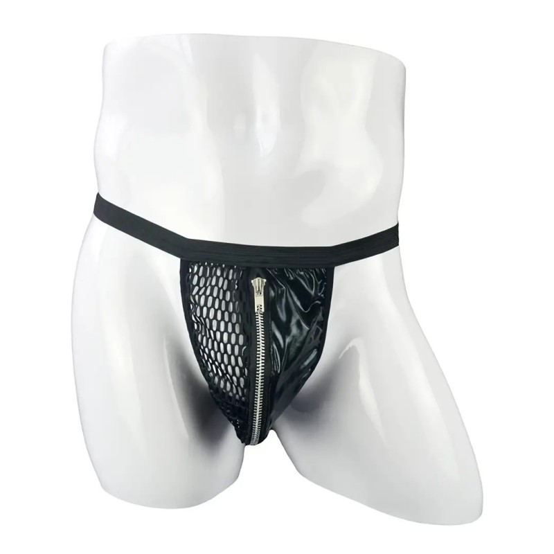 Love Market Mens Faux Leather String with Zipper Black Strings