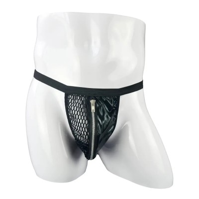 Mens Faux Leather String with Zipper Black Mens Faux Leather String with Zipper Black