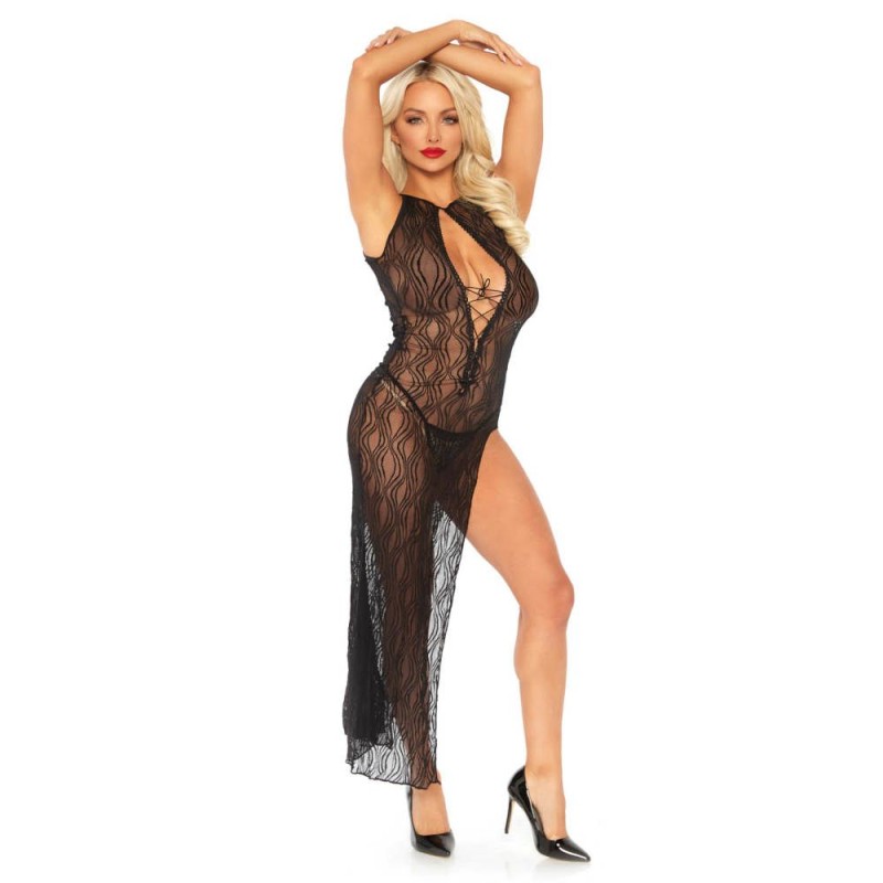 Leg Avenue Swirl Lace Long Dress & Thong Leg Avenue Black Babydolls