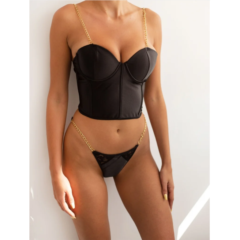 2 Piece Set Satin Chain Bandeau Modern Ocean Black Modern Ocean 2 Piece Set Satin Chain Bandeau Modern Ocean Black Underwear Set