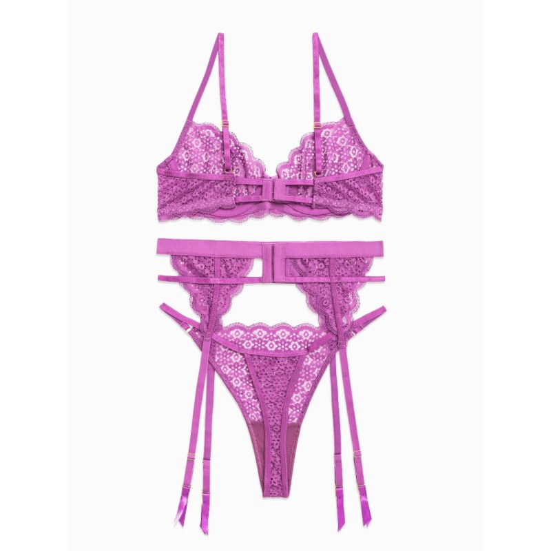 Modern Ocean 3 Piece Romantic Set with Adjustable Suspender Belt Modern Ocean Purple Underwear Set