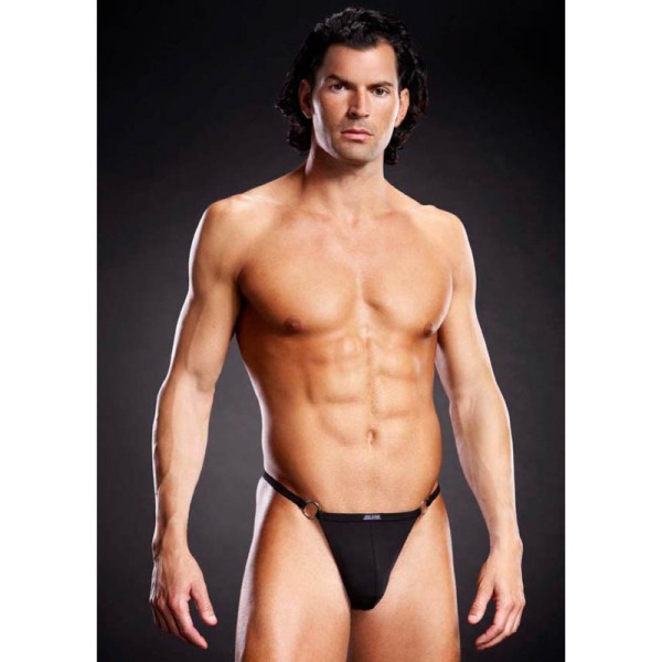 Mens Micro V-String with Metal Rings Blue Line Black