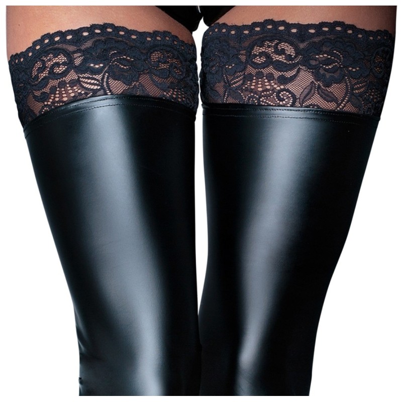 Wetlook Stockings with Lace Noir Handmade Black