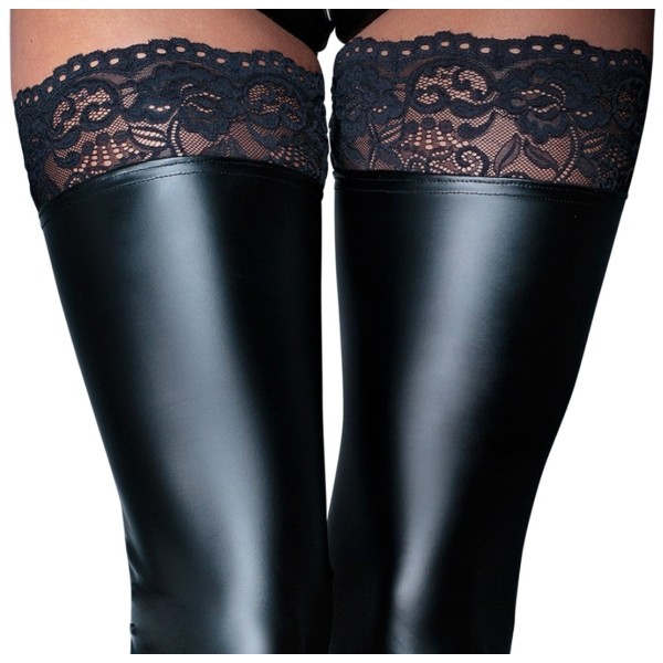 Wetlook Stockings with Lace Noir Handmade Black