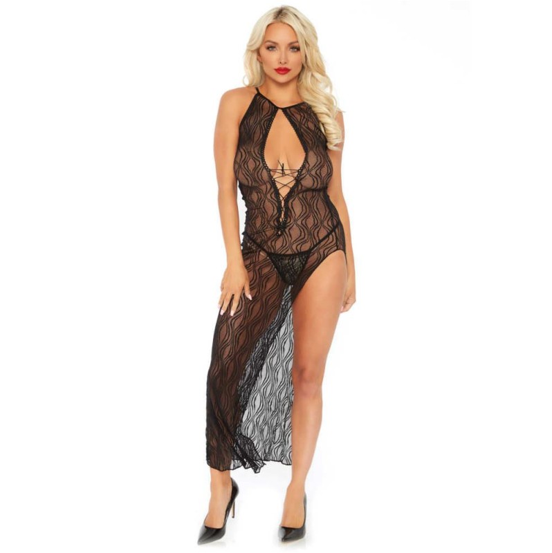 Μακρύ Babydoll & Στρινγκ Leg Avenue Swirl Lace Μαύρο