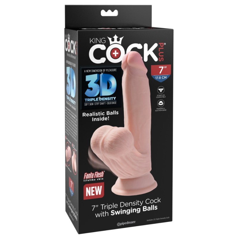 Realistic Dildo King Cock Plus Triple Density Cock with Swinging Balls 17.8cm Nude