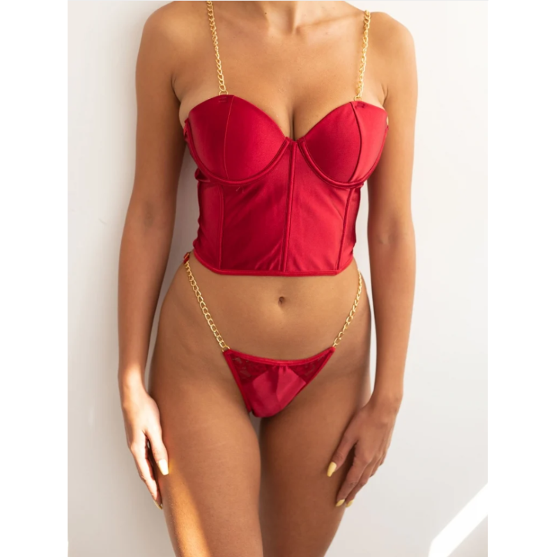 2 Piece Set Satin Chain Bandeau Modern Ocean Red