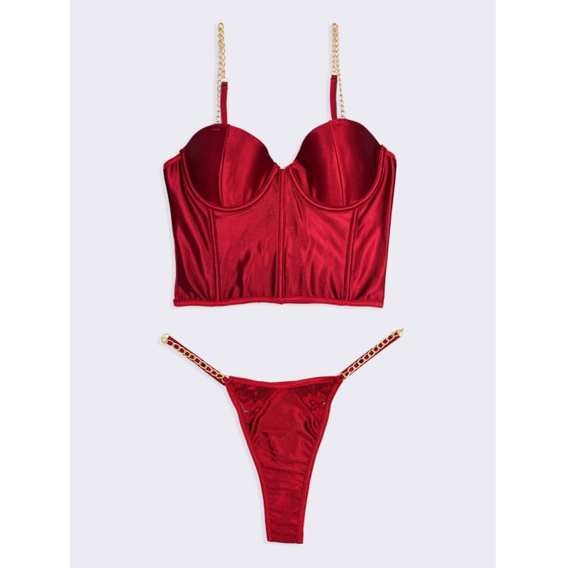 2 Piece Set Satin Chain Bandeau Modern Ocean Red