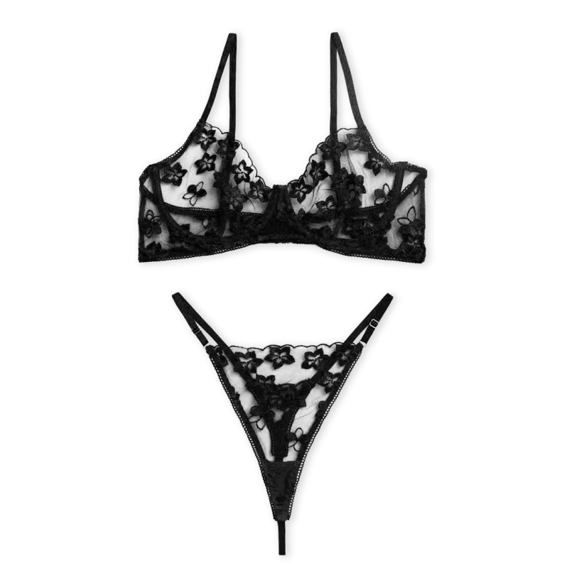 2 Piece Floral Stretch Lace Set Modern Ocean Black