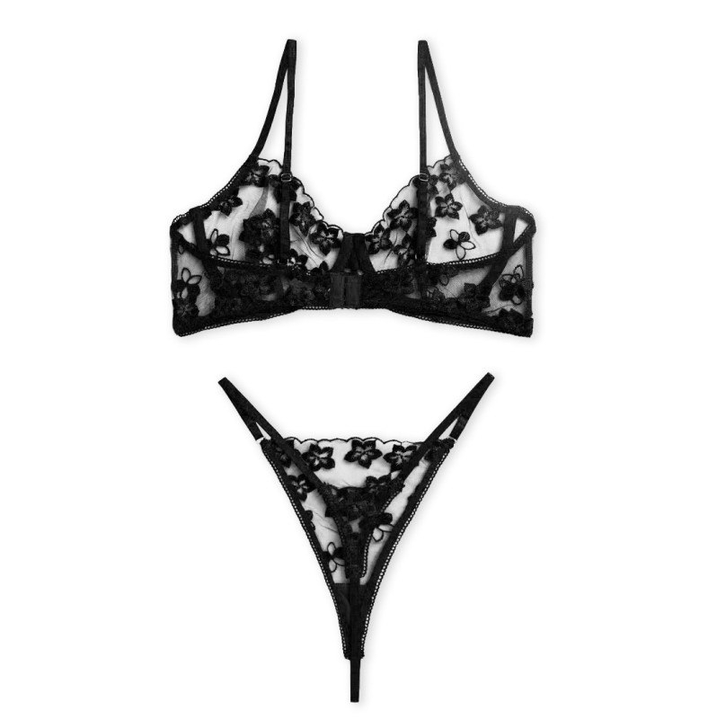 2 Piece Floral Stretch Lace Set Modern Ocean Black