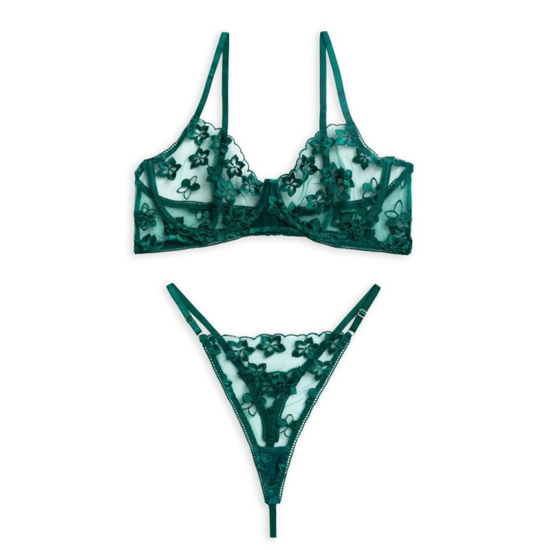 2 Piece Floral Stretch Lace Set Modern Ocean Green