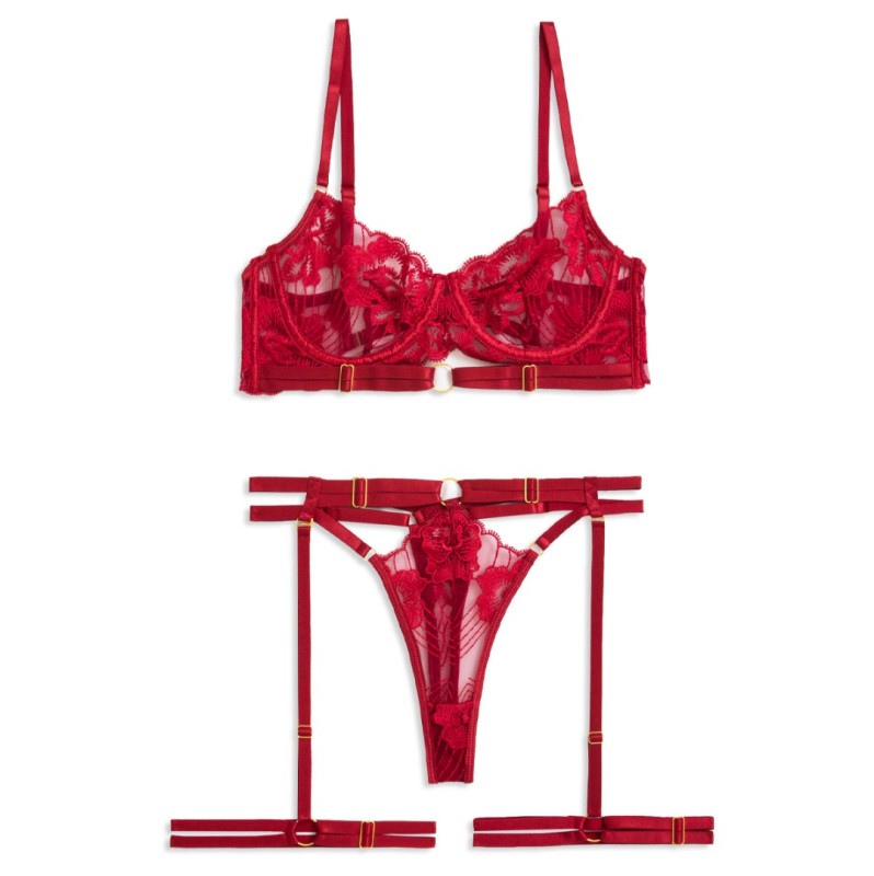 Playful Set with Suspender Belt & Leg Straps Red