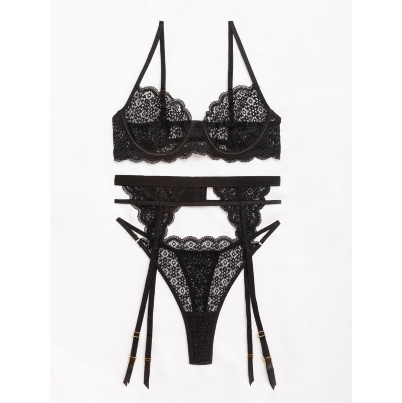 3 Piece Romantic Set with Adjustable Suspender Belt Modern Ocean Black