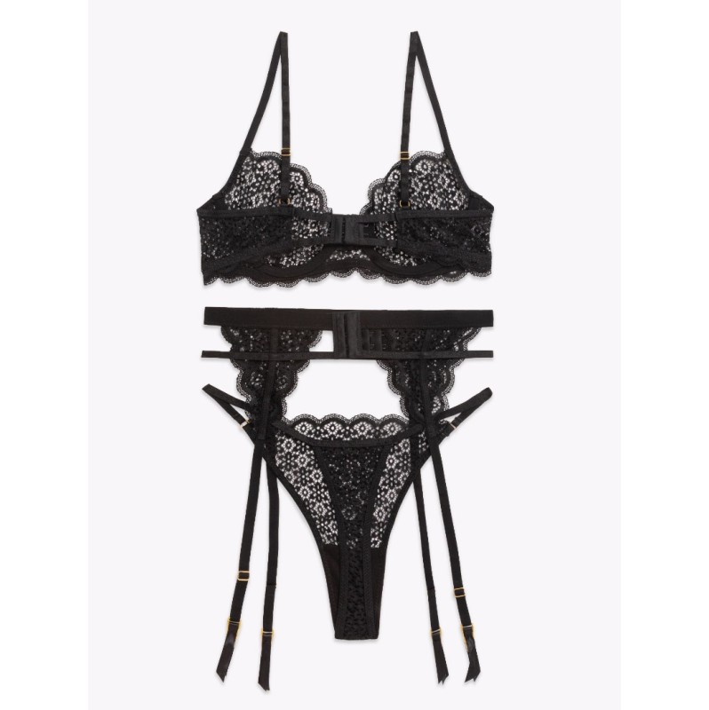 3 Piece Romantic Set with Adjustable Suspender Belt Modern Ocean Black