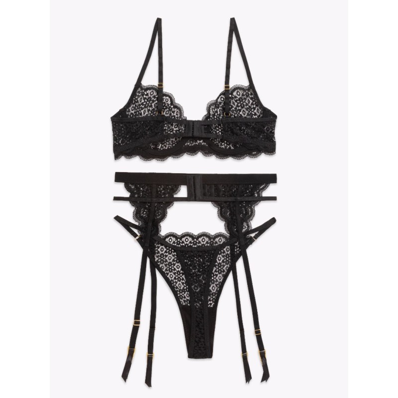 3 Piece Romantic Set with Adjustable Suspender Belt Modern Ocean Black 3 Piece Romantic Set with Adjustable Suspender Belt Modern Ocean Black