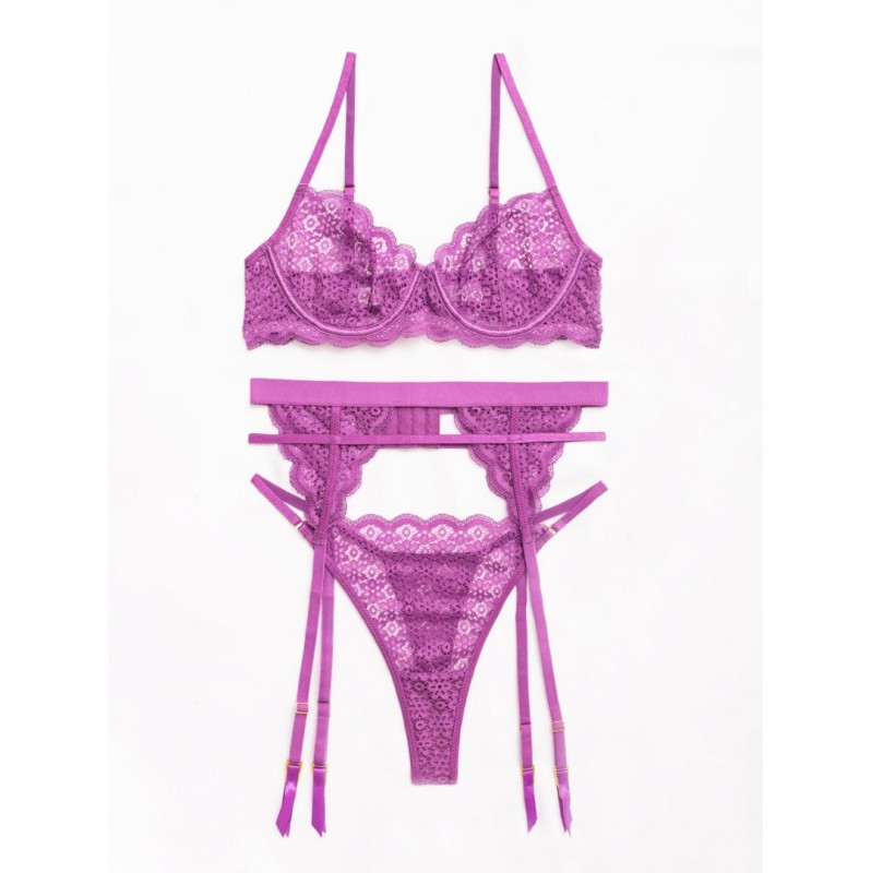 3 Piece Romantic Set with Adjustable Suspender Belt Modern Ocean Purple