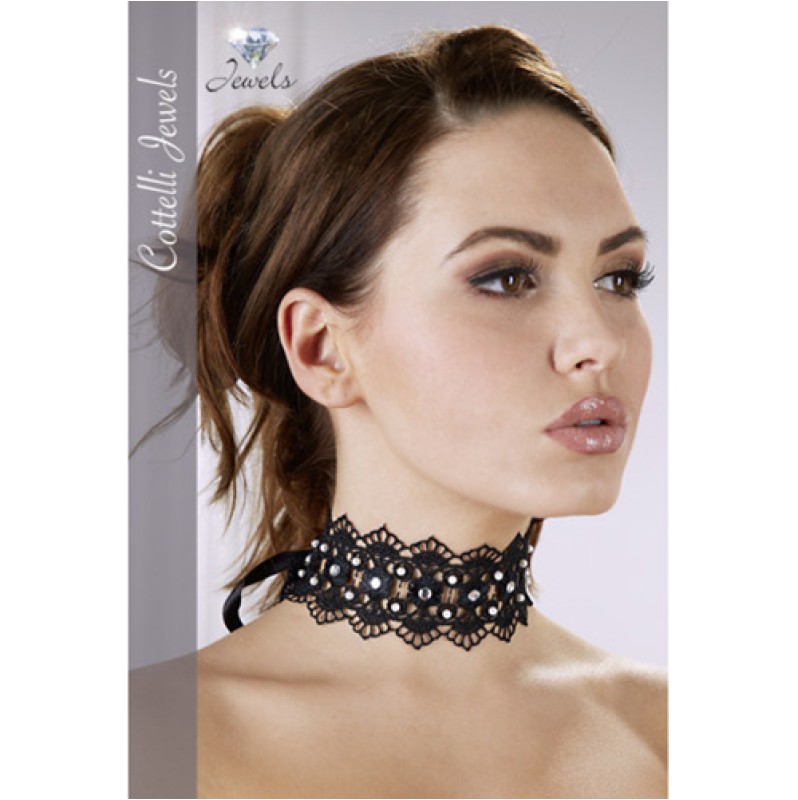 Embroidered Choker With Rhinestones Cottelli Collection Black