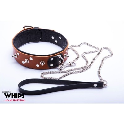 Leather Collar with Leash Whips for Him Cognac
