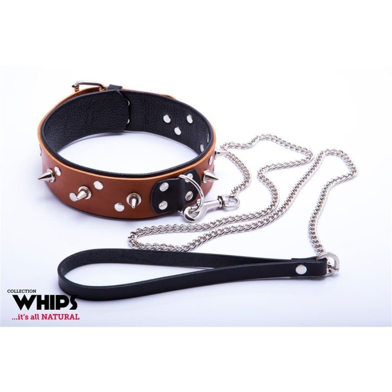 Leather Collar with Leash Whips for Him Cognac Leather Collar with Leash Whips for Him Cognac