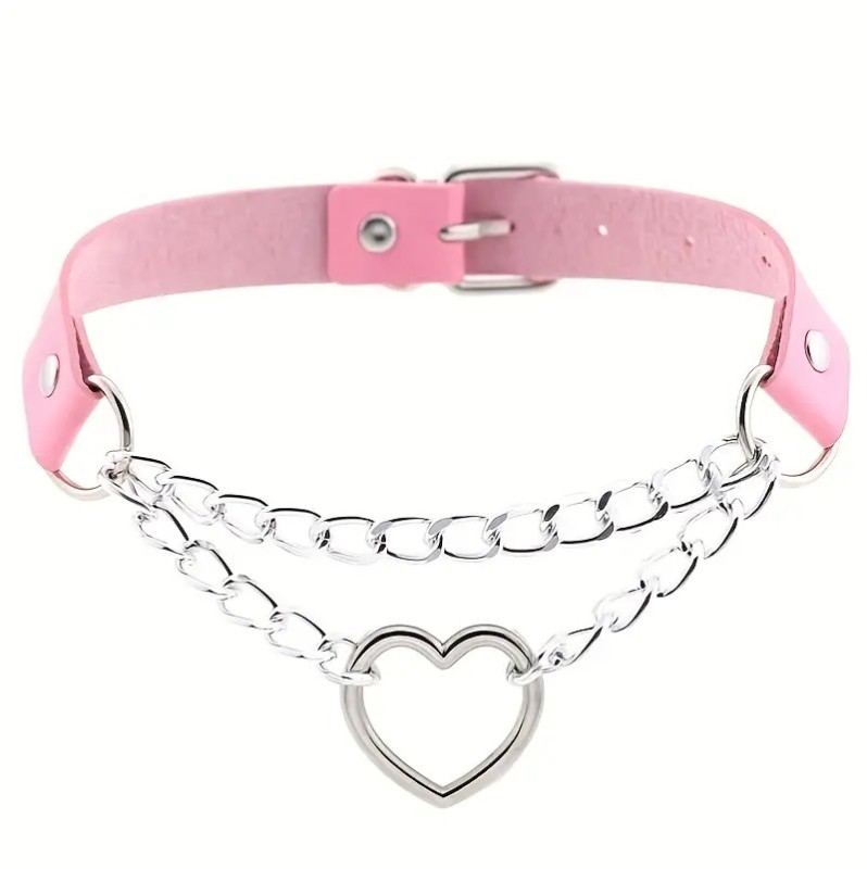 Collar with Double Chain Heart Pink