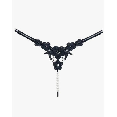 Floral Embroidery String with Pearl Chain Black Floral Embroidery String with Pearl Chain Black