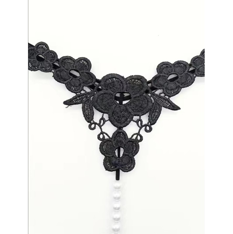 Floral Embroidery String with Pearl Chain Black