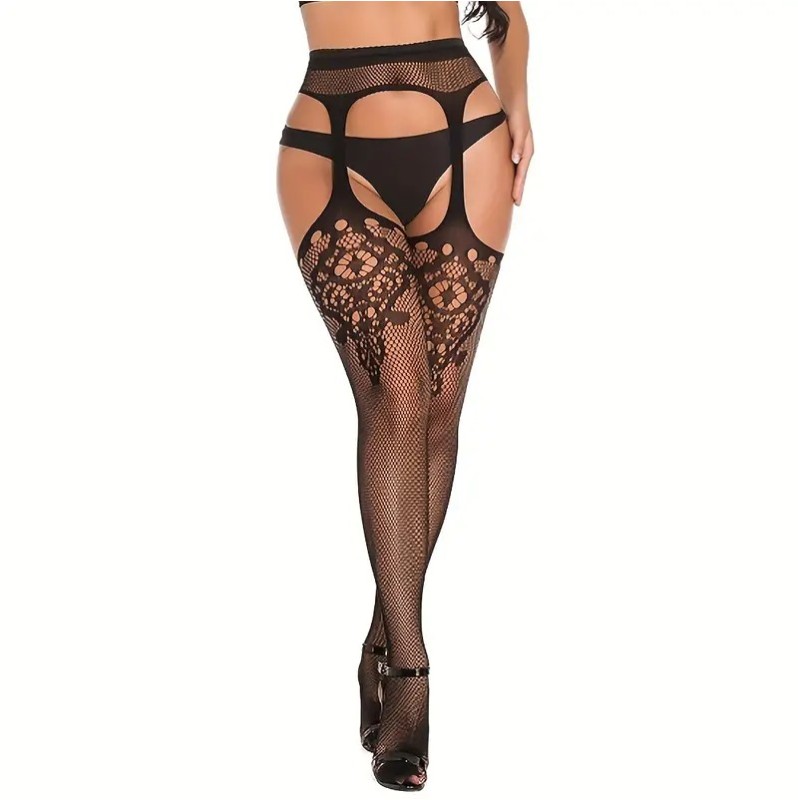 Fishnet Suspender Pantyhose Jacquard Black